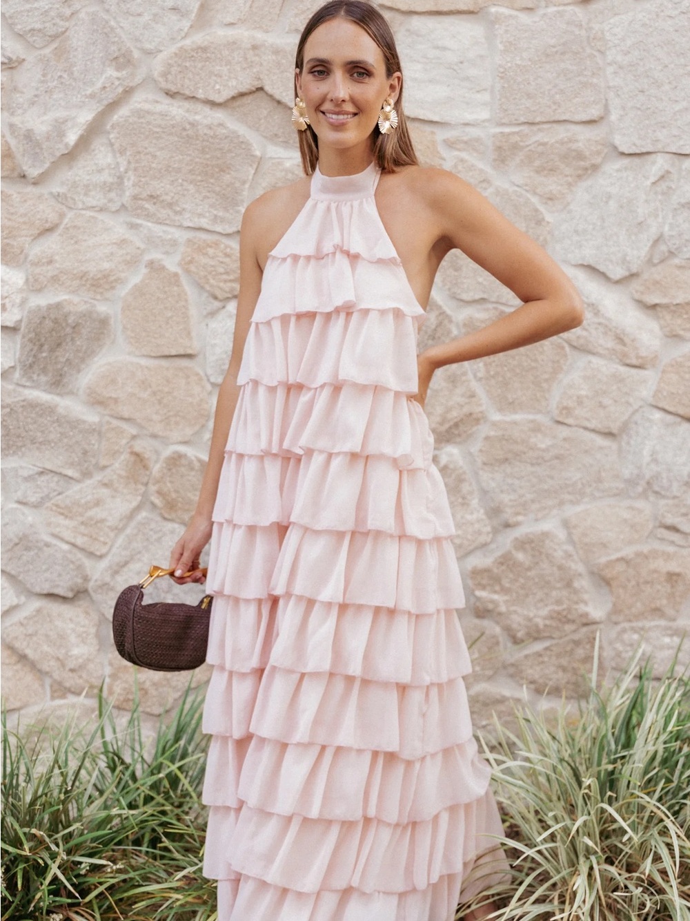 Tiered Ruffle Halter Maxi Dress in Light Pink